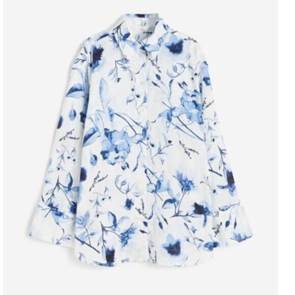 NWT-H&M Blue & White Floral Linen Blouse  - L - Picture 1 of 10
